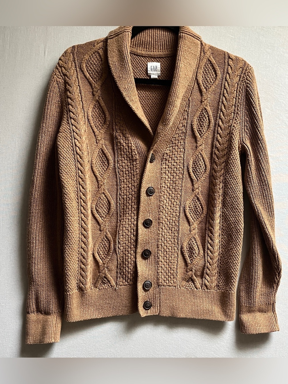 GAP Shawl Collar Cable Knit Cardigan Tan Brown Button Up Sweater Sz XS